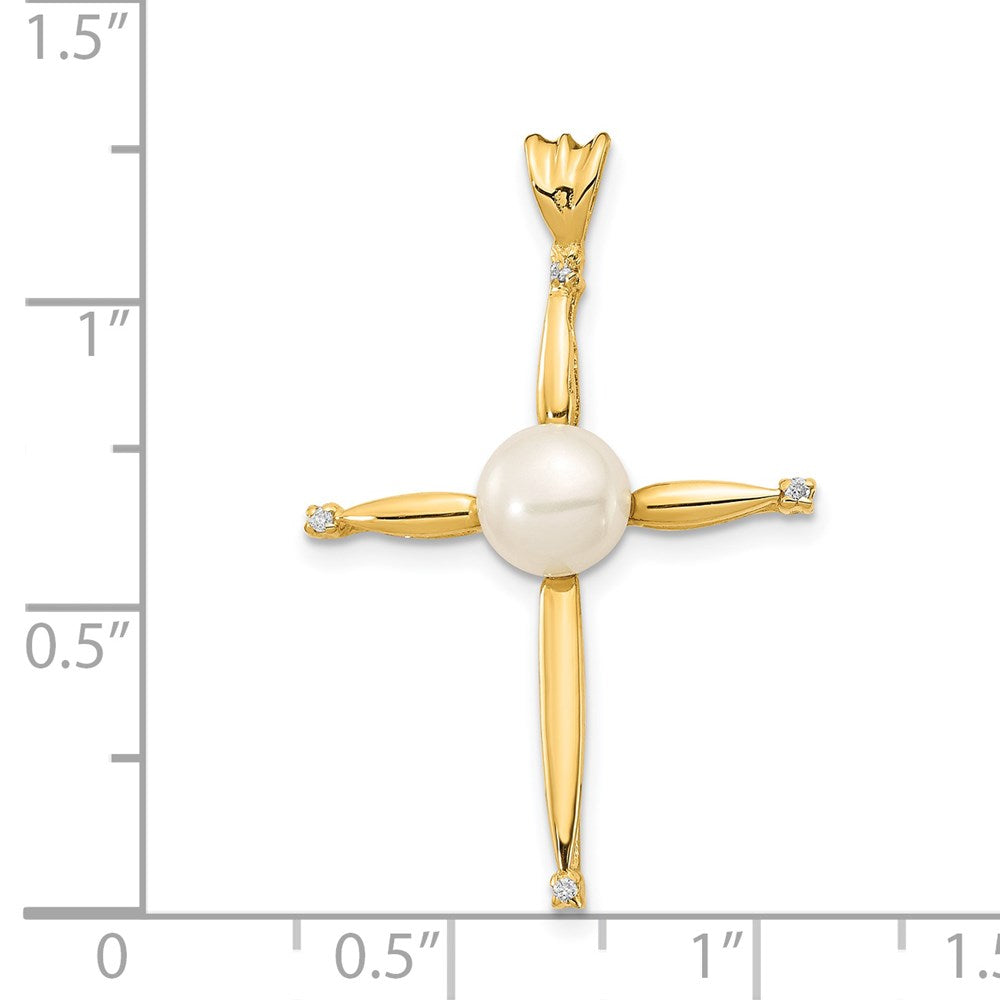 14K 6-7mm White Button FW Cultured Pearl .02ct Diamond Cross Pendant