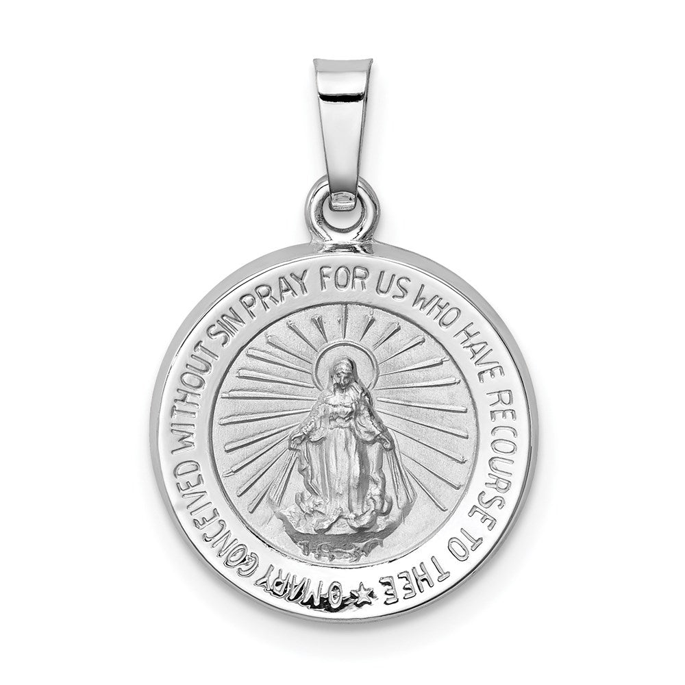 14k White Gold Polished/Satin Miraculous Medal Hollow Pendant