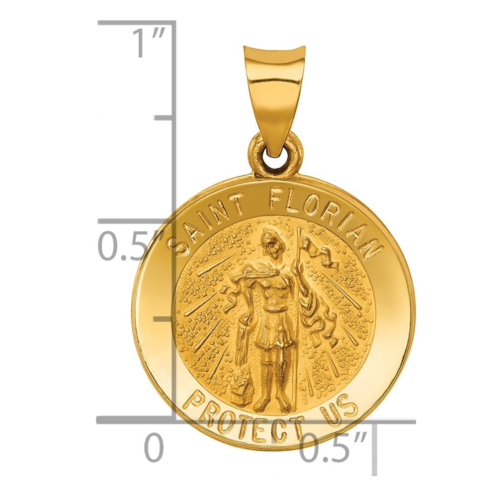 14k Polished and Satin St Florian Medal Hollow Pendant