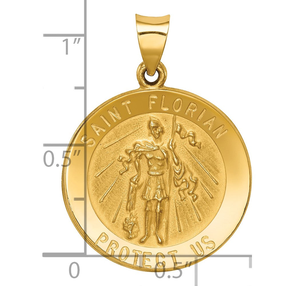 14k Polished and Satin St Florian Medal Hollow Pendant