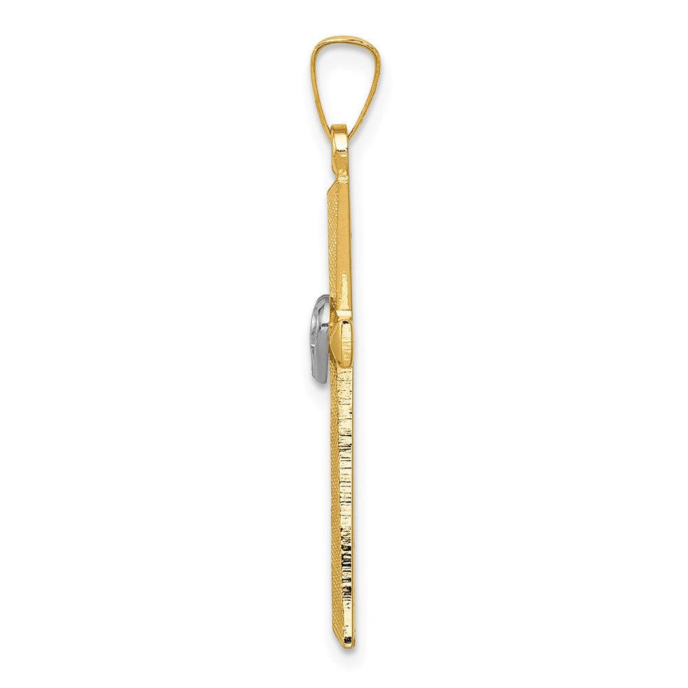 14K Two-tone Textured and Polished Latin Cross w/ Hearts Pendant