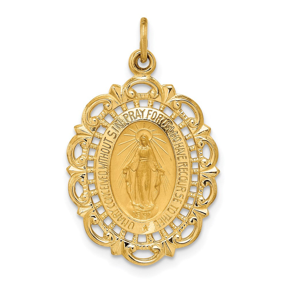 14k Solid Polished/Satin Fancy Pierced Oval Miraculous Medal
