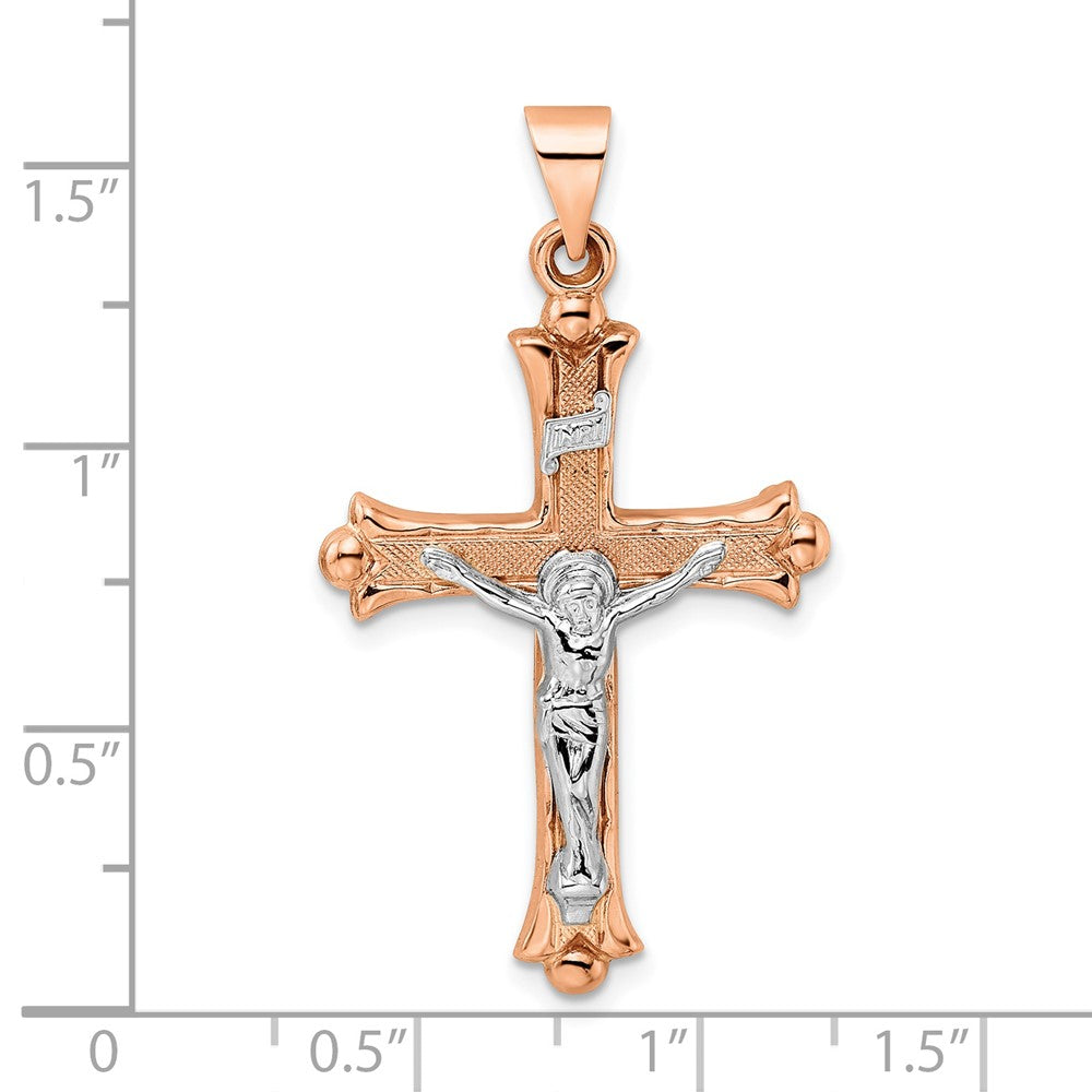 14k Rose and White Gold Polished Fleur de Lis INRI Hollow Crucifix