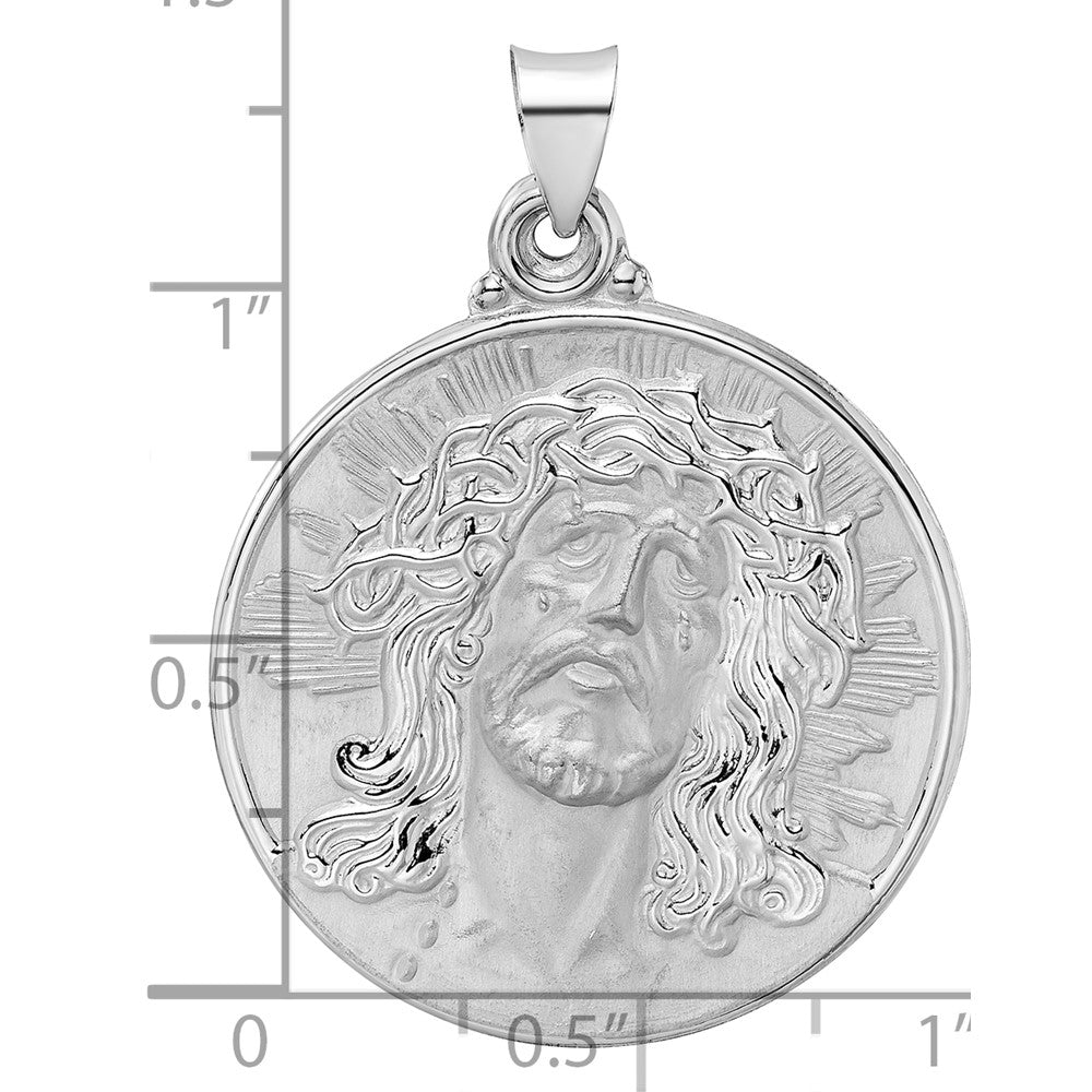 14k White Gold Polished and Satin Hollow Jesus Face Disc Pendant