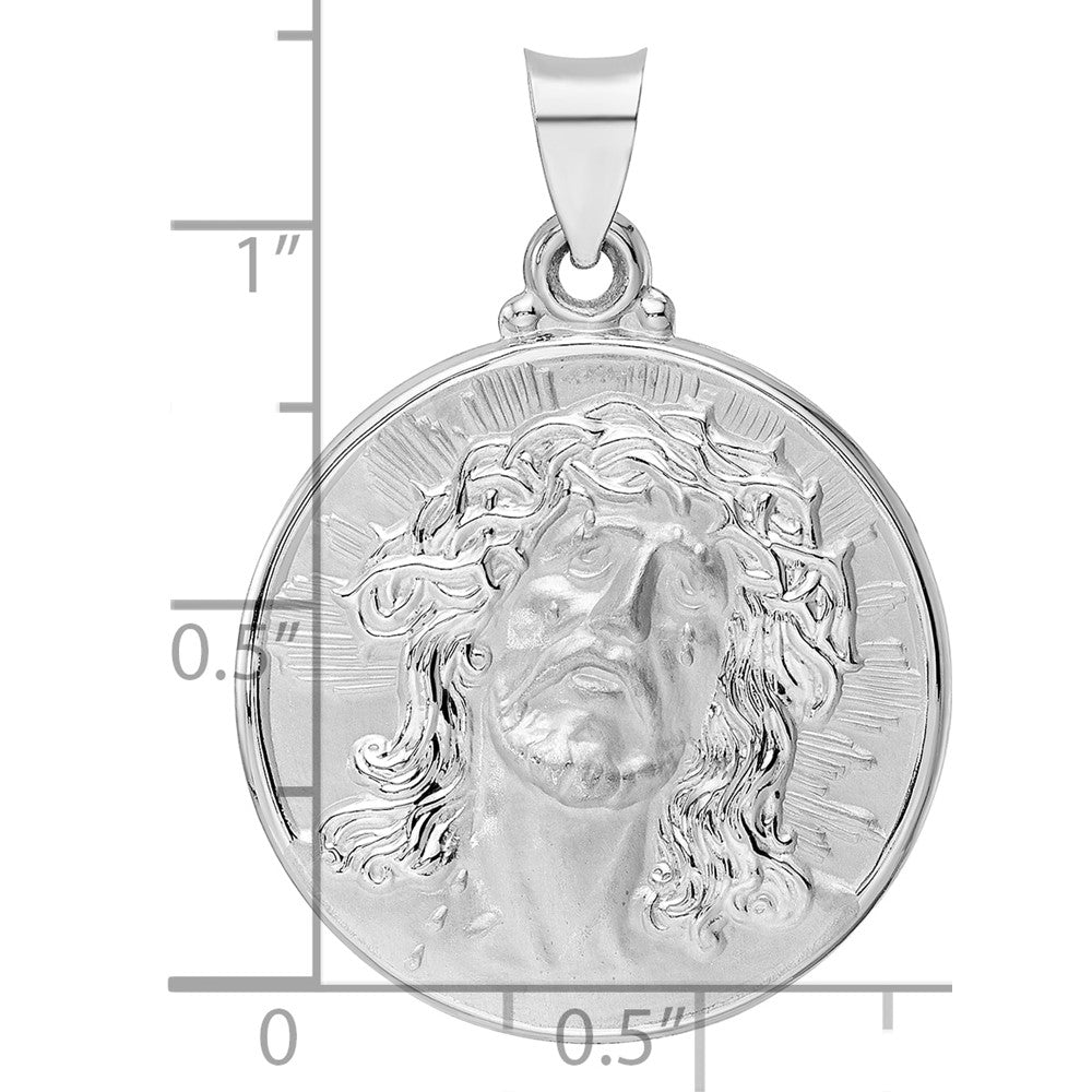 14k White Gold Polished and Satin Hollow Jesus Face Disc Pendant