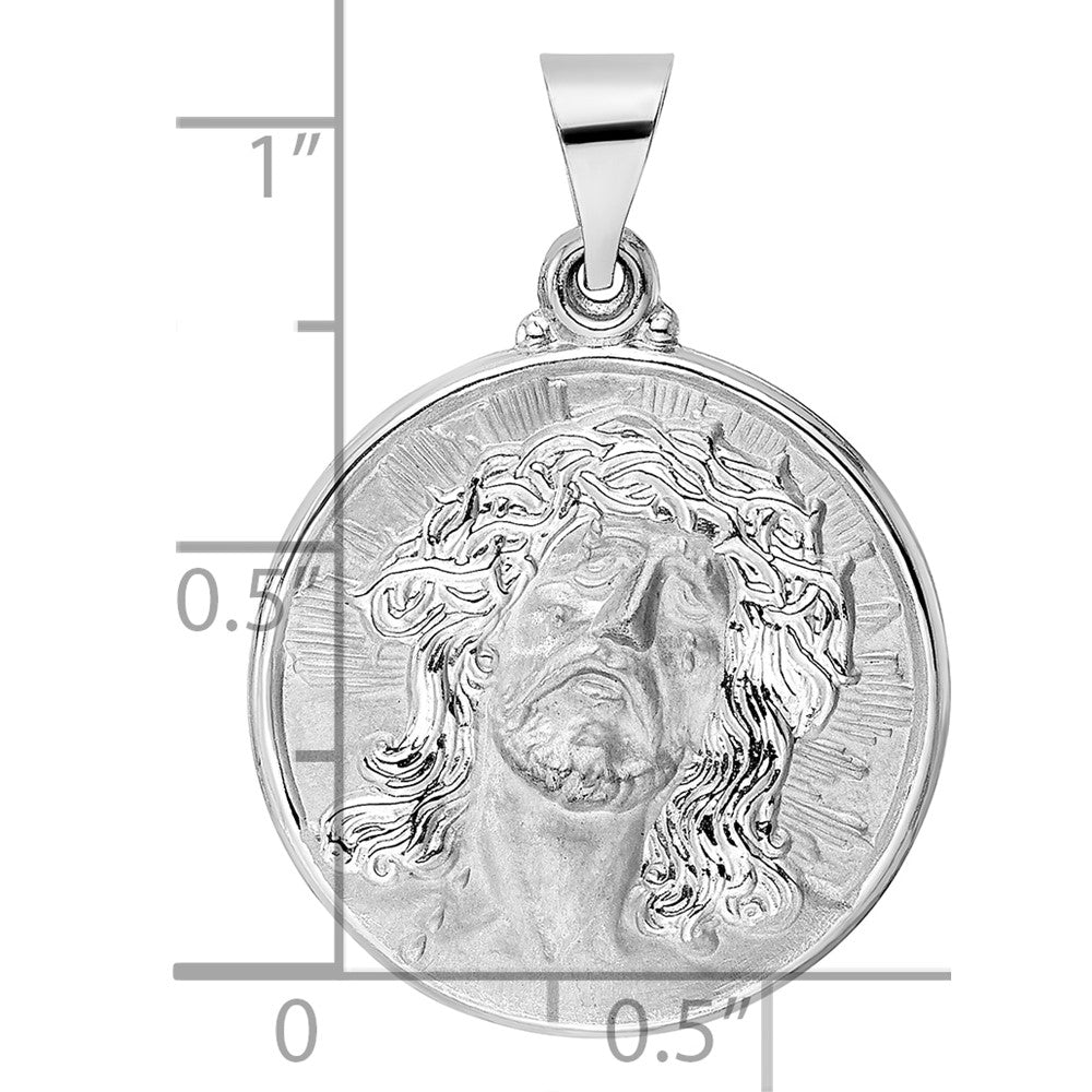 14k White Gold Polished and Satin Hollow Jesus Face Disc Pendant