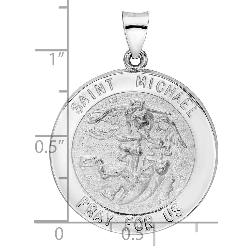 14k White Gold Polished and Satin Hollow St Michael Medal Pendant