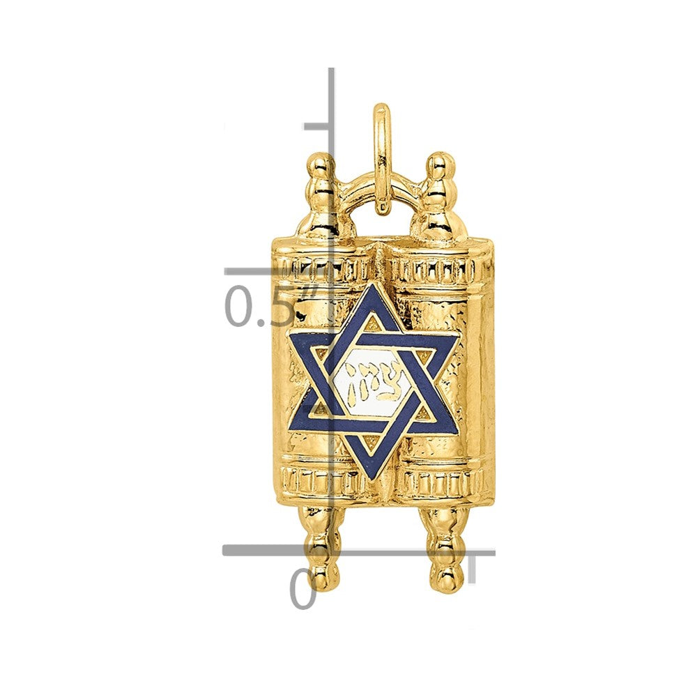 14k Polished Solid Torah and Enameled Star of David Pendant