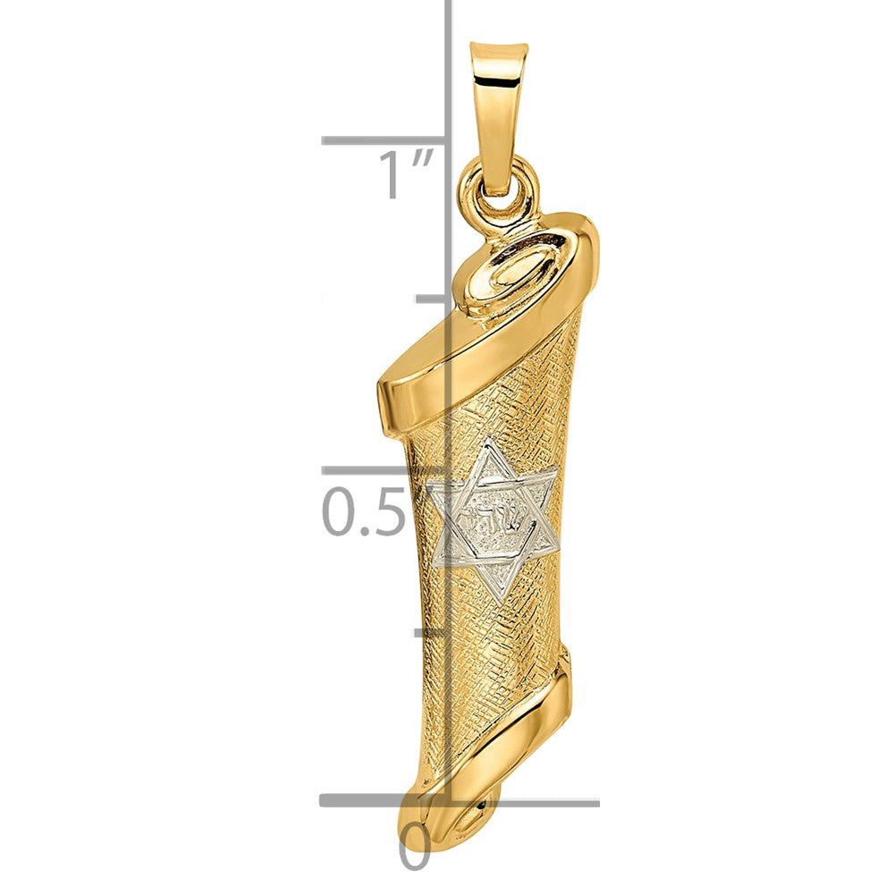 14k Two-tone Polished/Textured Hollow Torah Scroll Pendant