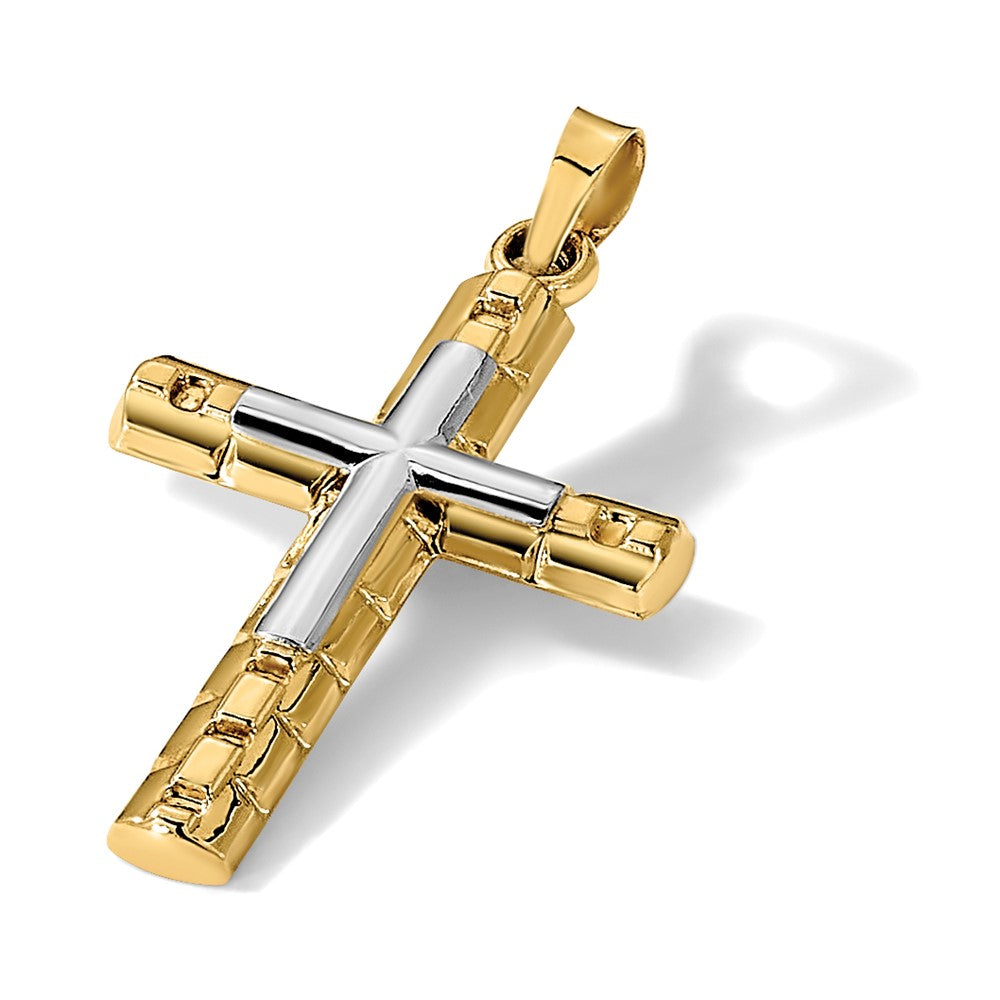 14k Two-Tone Textured and Polished Hollow Latin Cross Pendant