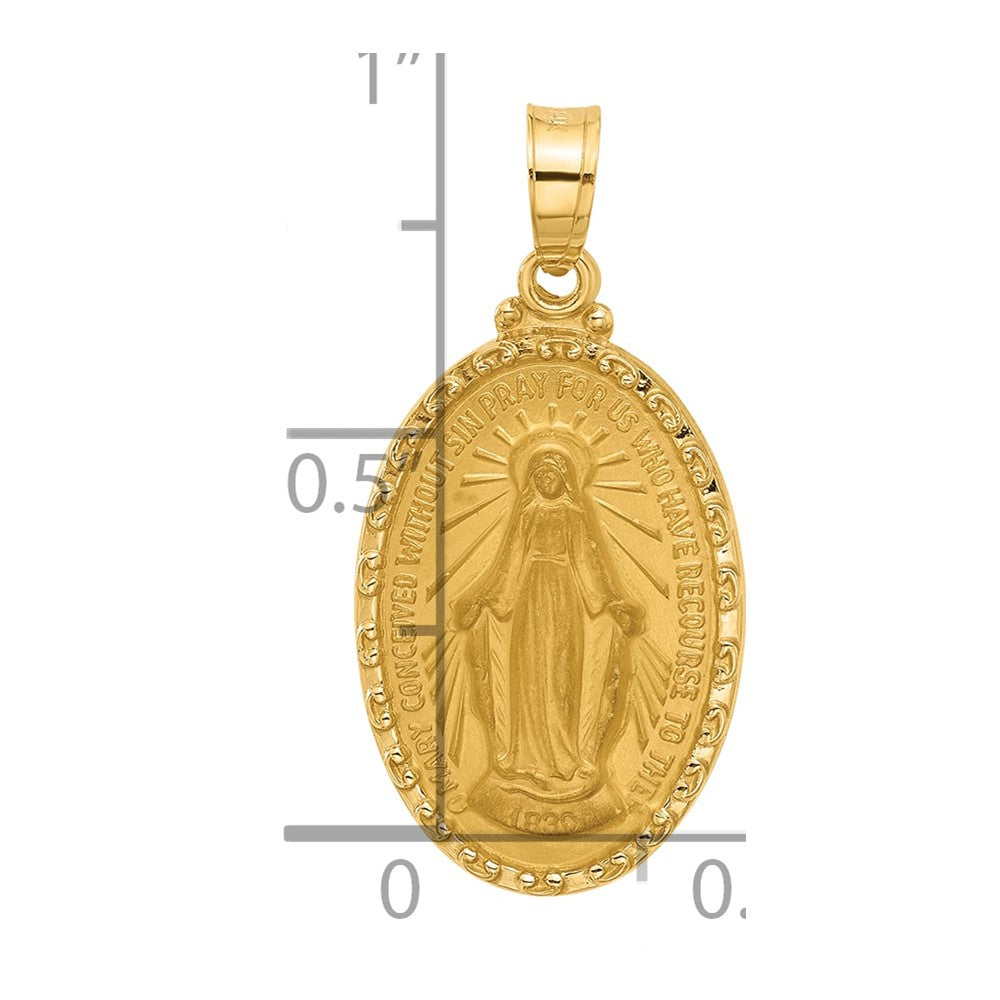 14k Satin and Polished Miraculous Medal Solid Oval Pendant