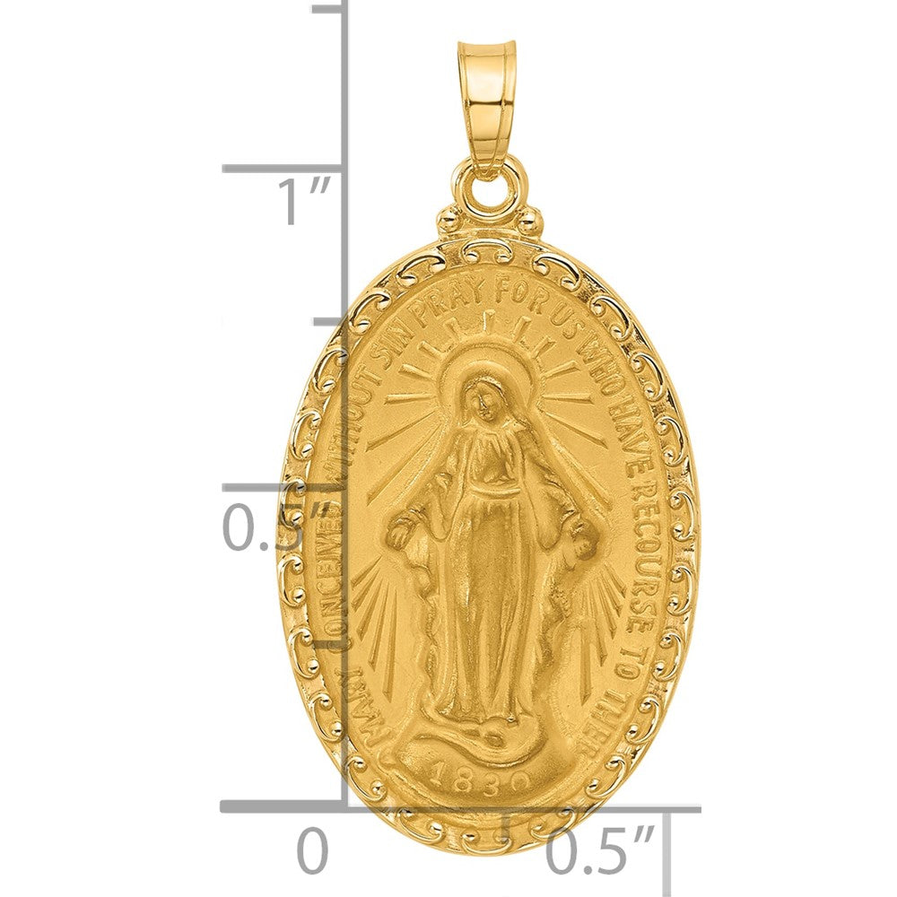 14k Satin and Polished Miraculous Medal Solid Oval Pendant