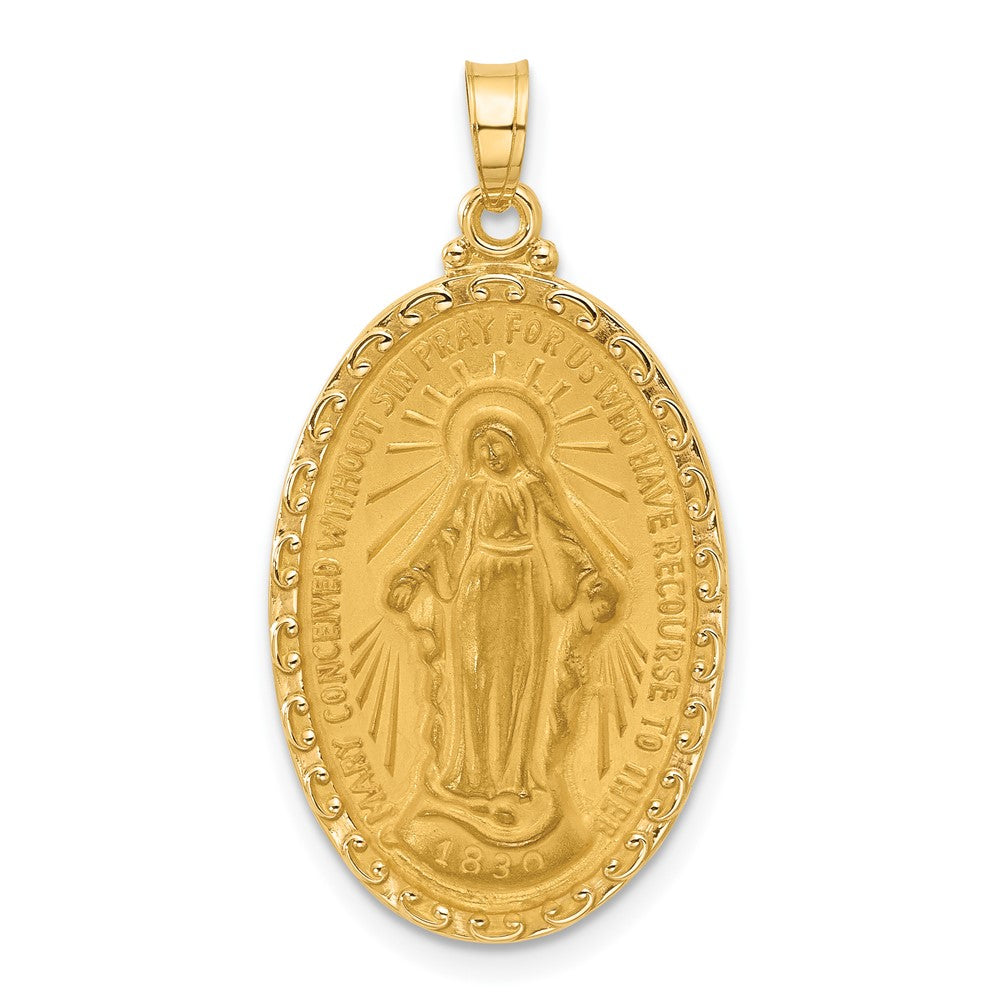 14k Satin and Polished Miraculous Medal Solid Oval Pendant