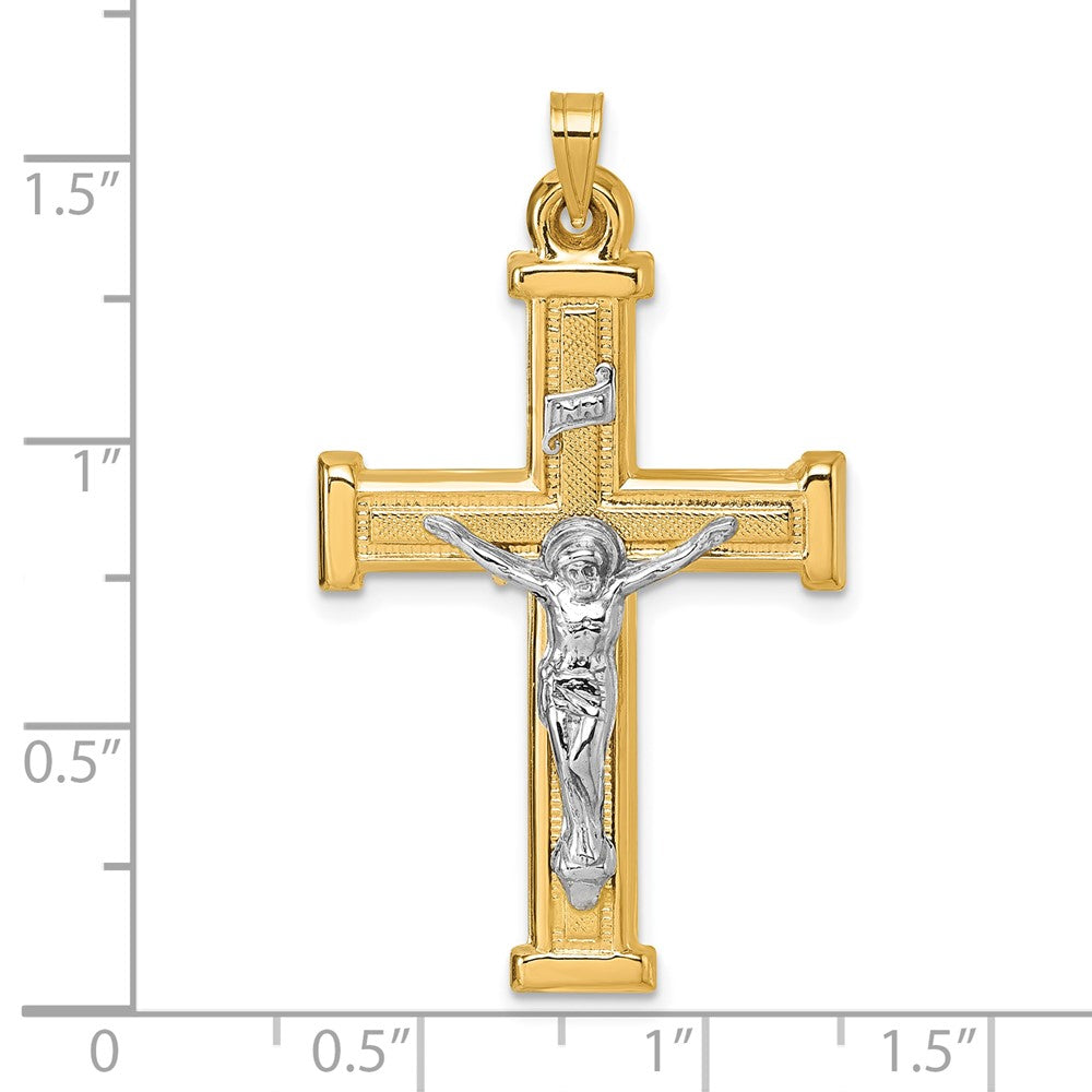 14k with White Rhodium Polished INRI Crucifix Cross Pendant