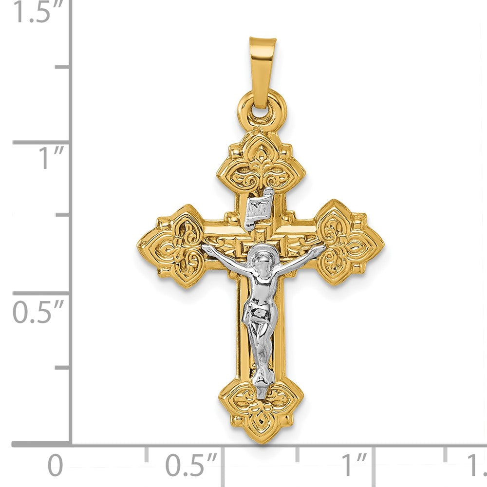 14k with White Rhodium Polished INRI Crucifix Cross Pendant