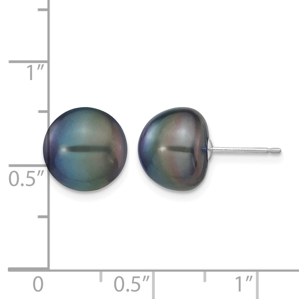 14k White Gold 10-11mm Black Button FW Cultured Pearl Stud Post Earrings