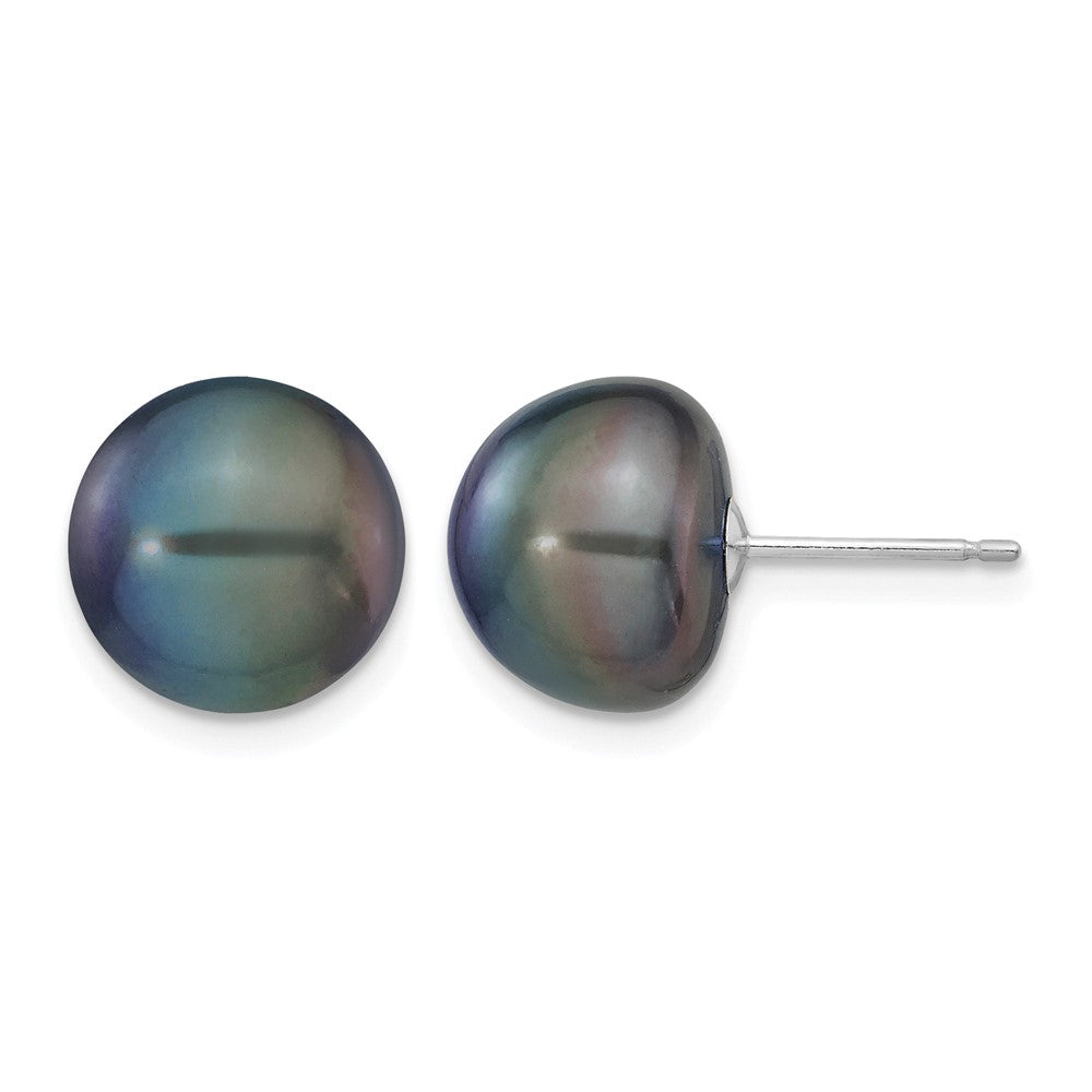 14k White Gold 10-11mm Black Button FW Cultured Pearl Stud Post Earrings