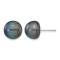 14k White Gold 10-11mm Black Button FW Cultured Pearl Stud Post Earrings