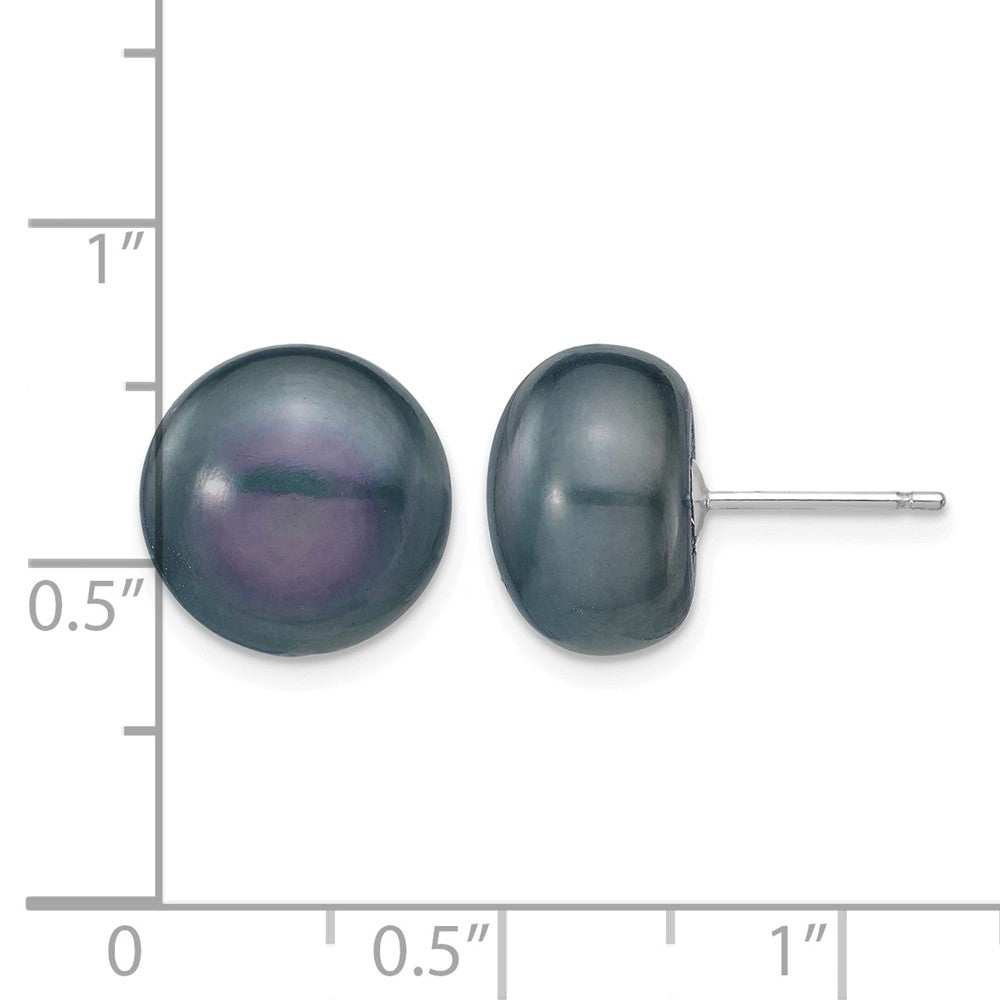 14k White Gold 11-12mm Black Button FW Cultured Pearl Stud Post Earrings