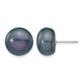 14k White Gold 11-12mm Black Button FW Cultured Pearl Stud Post Earrings