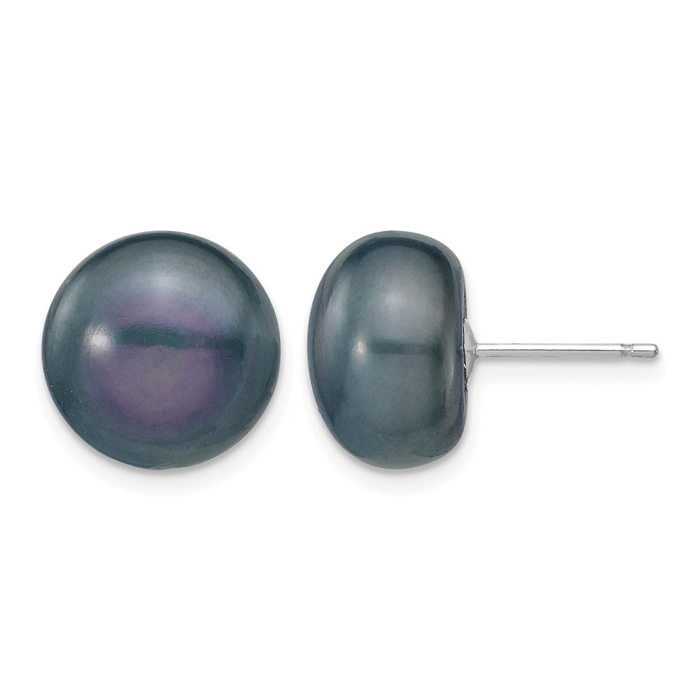 14k White Gold 11-12mm Black Button FW Cultured Pearl Stud Post Earrings