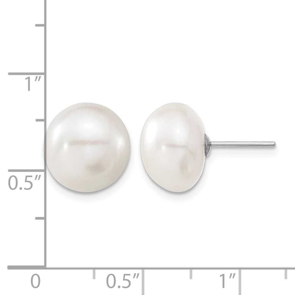 14k White Gold 11-12mm White Button FW Cultured Pearl Stud Post Earrings