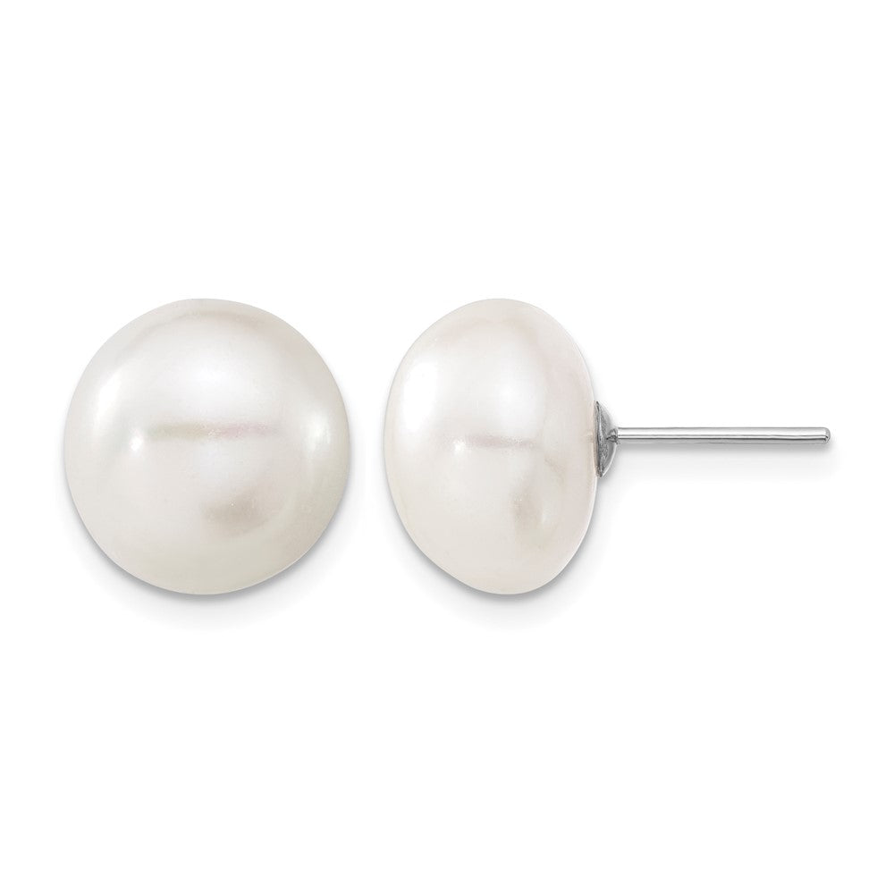 14k White Gold 11-12mm White Button FW Cultured Pearl Stud Post Earrings