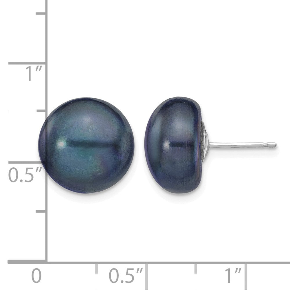 14k White Gold 12-13mm Black Button FW Cultured Pearl Stud Post Earrings