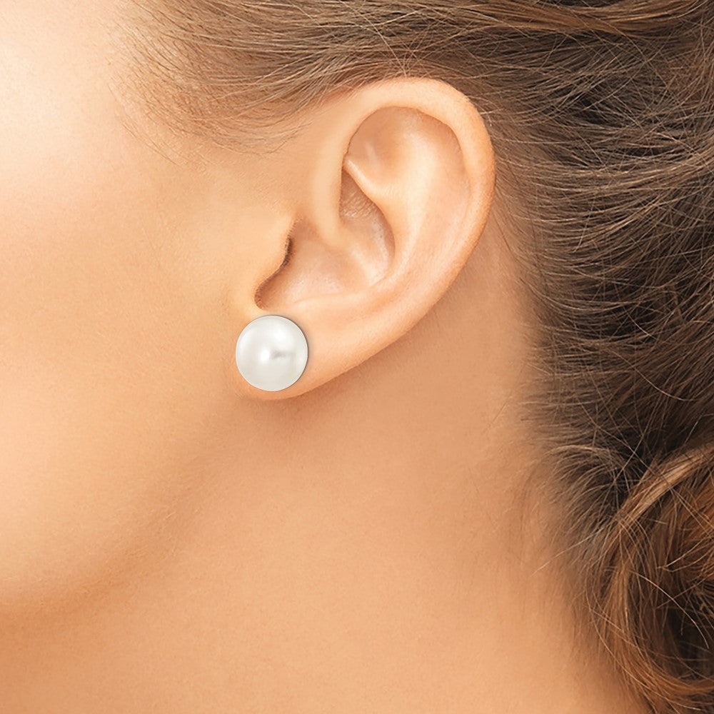 14k White Gold 12-13mm White Button FW Cultured Pearl Stud Post Earrings