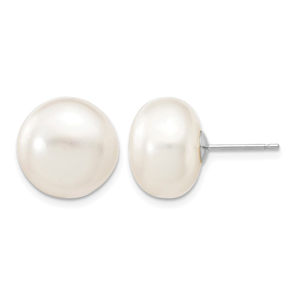 14k White Gold 12-13mm White Button FW Cultured Pearl Stud Post Earrings