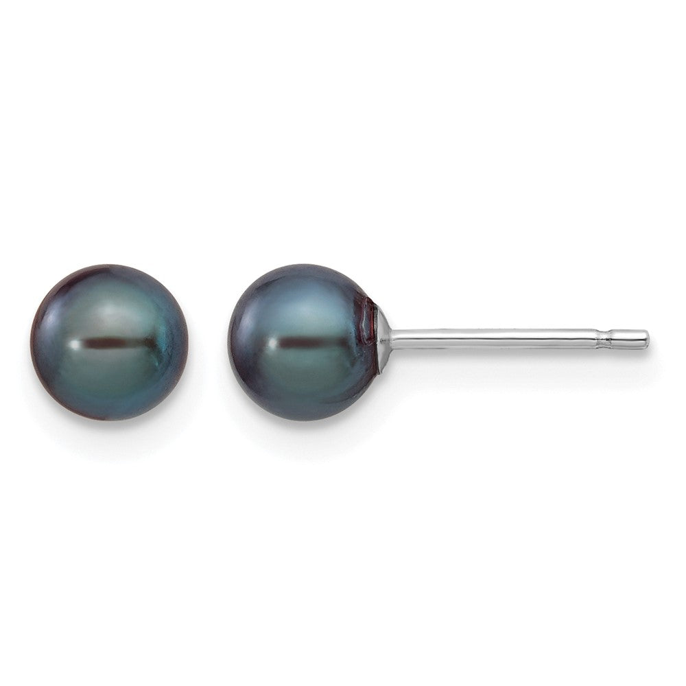 14k White Gold 5-6mm Black Round FW Cultured Pearl Stud Post Earrings