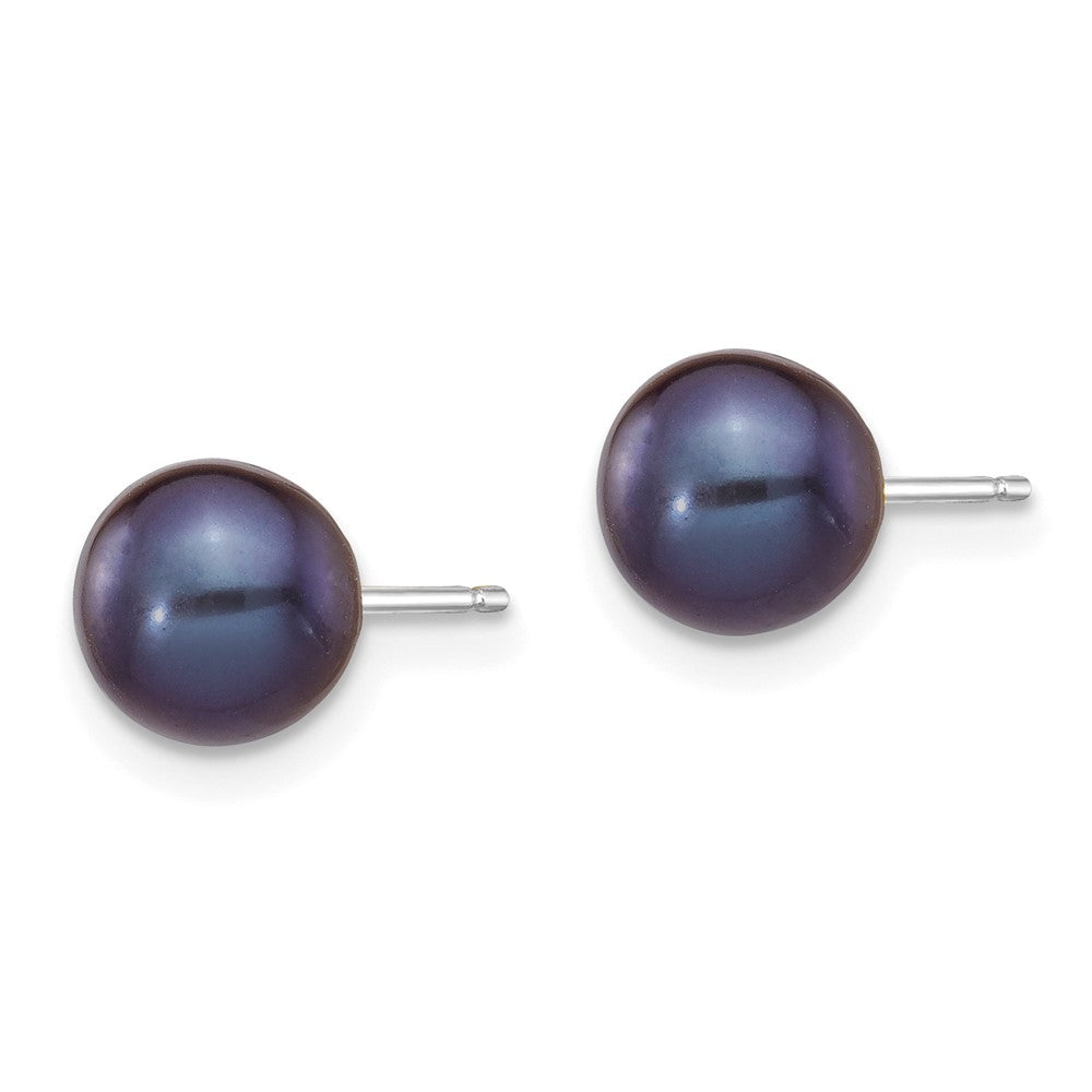 14k White Gold 6-7mm Black Round FW Cultured Pearl Stud Post Earrings