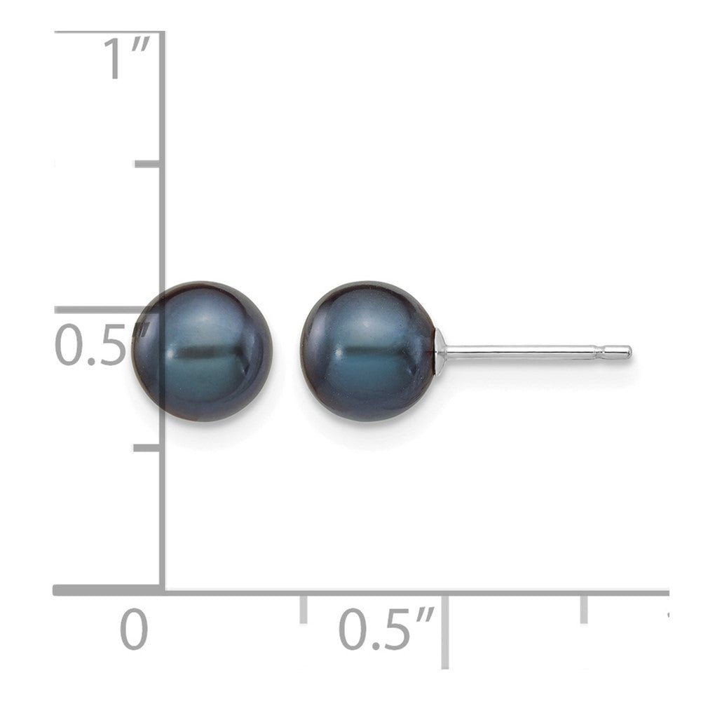 14k White Gold 6-7mm Black Round FW Cultured Pearl Stud Post Earrings