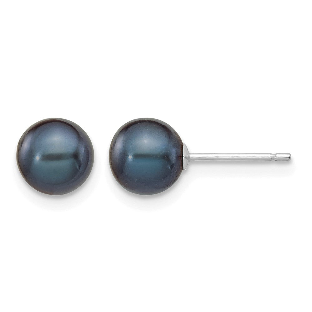 14k White Gold 6-7mm Black Round FW Cultured Pearl Stud Post Earrings