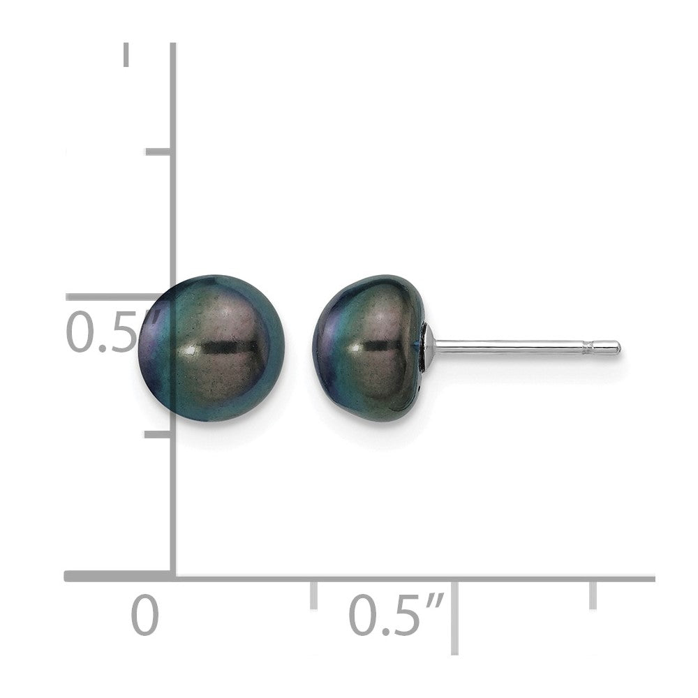 14k White Gold 7-8mm Black Button FW Cultured Pearl Stud Post Earrings