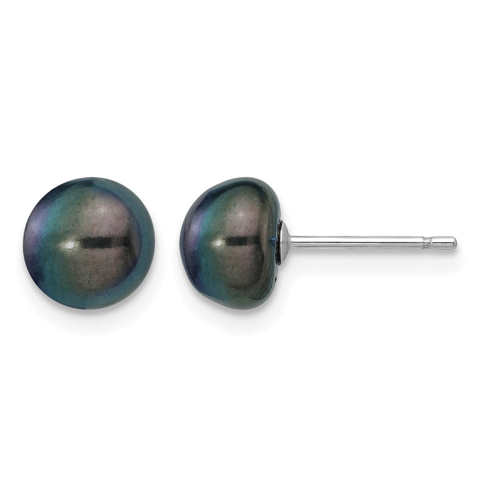 14k White Gold 7-8mm Black Button FW Cultured Pearl Stud Post Earrings