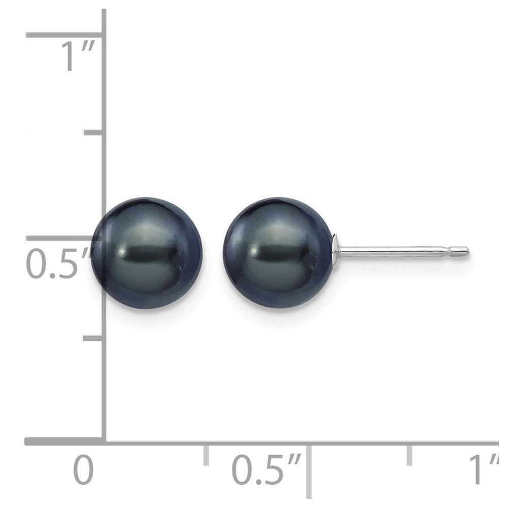 14k White Gold 7-8mm Black Round FW Cultured Pearl Stud Post Earrings