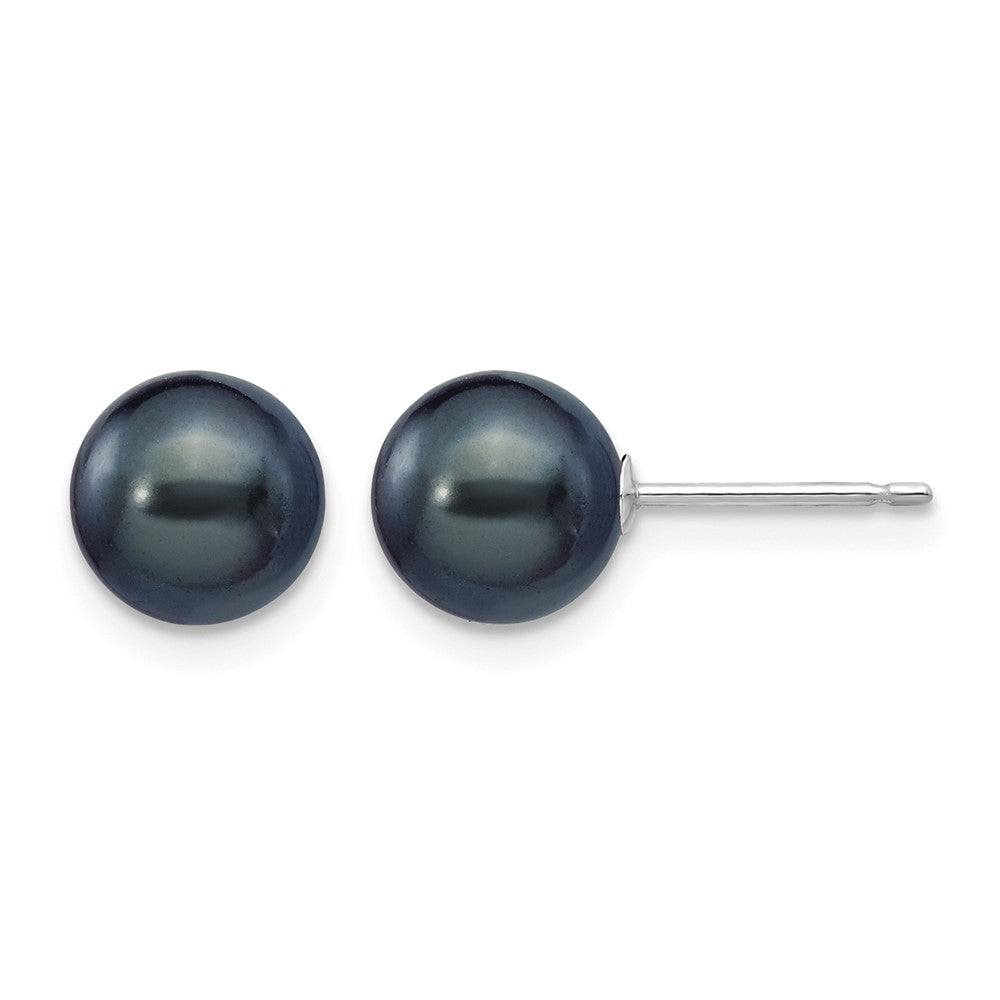 14k White Gold 7-8mm Black Round FW Cultured Pearl Stud Post Earrings
