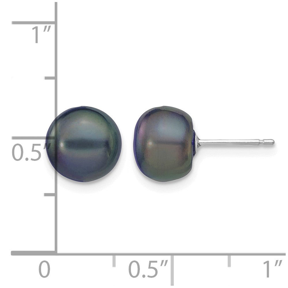 14k White Gold 8-9mm Black Button FW Cultured Pearl Stud Post Earrings