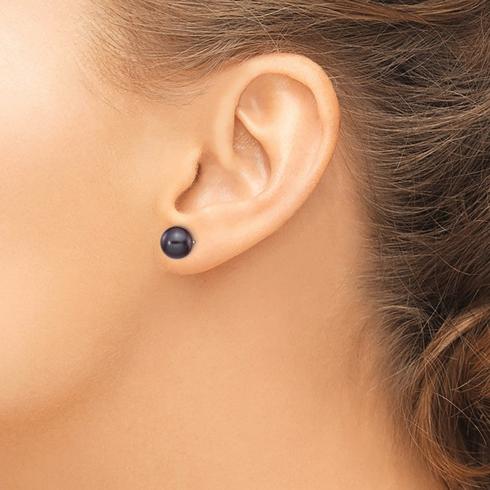 14k White Gold 8-9mm Black Round FW Cultured Pearl Stud Post Earrings
