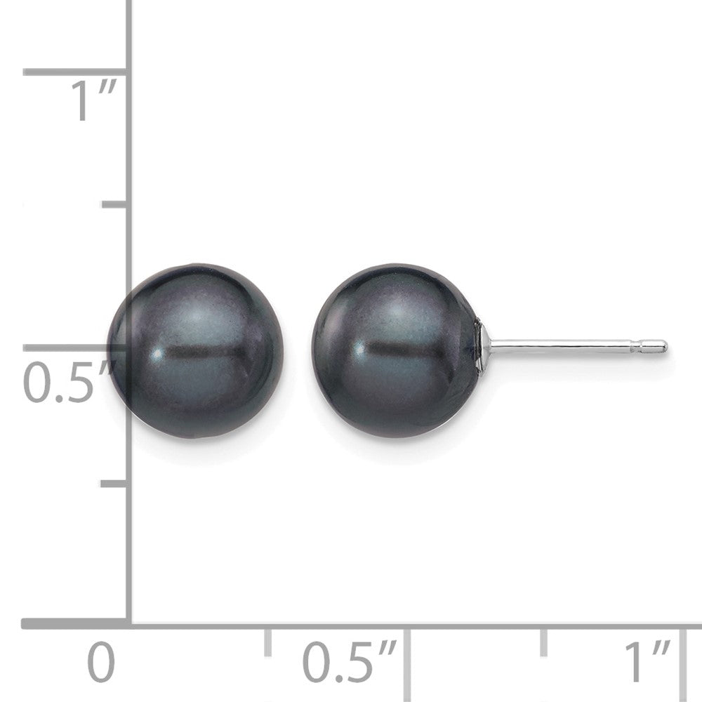 14k White Gold 8-9mm Black Round FW Cultured Pearl Stud Post Earrings