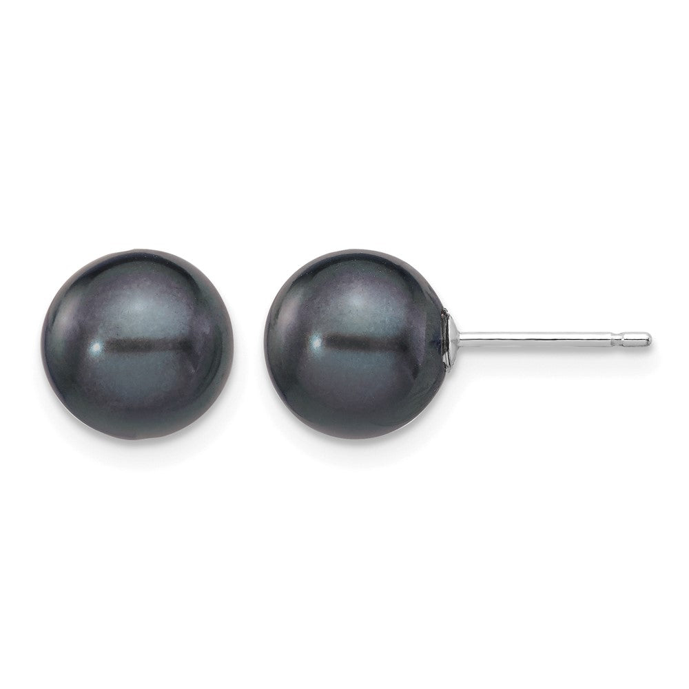 14k White Gold 8-9mm Black Round FW Cultured Pearl Stud Post Earrings