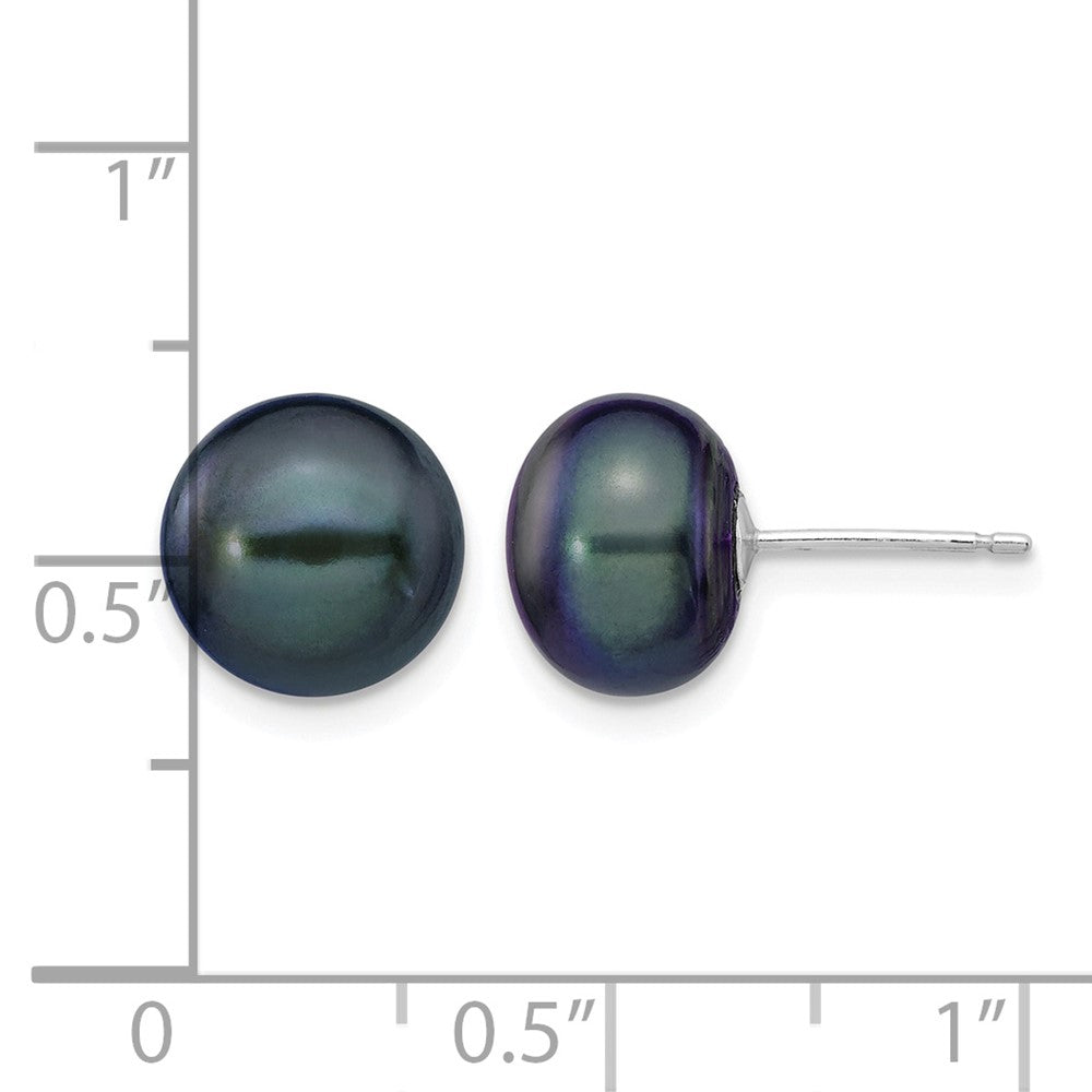 14k White Gold 9-10mm Black Button FW Cultured Pearl Stud Post Earrings