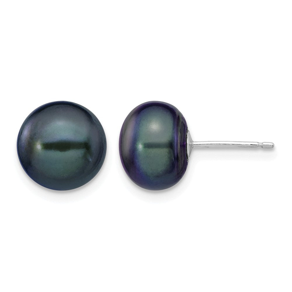 14k White Gold 9-10mm Black Button FW Cultured Pearl Stud Post Earrings