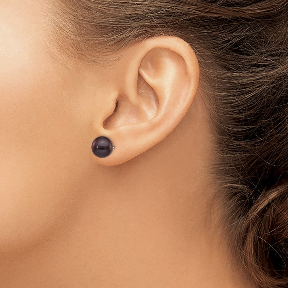 14k White Gold 9-10mm Black Round FW Cultured Pearl Stud Post Earrings