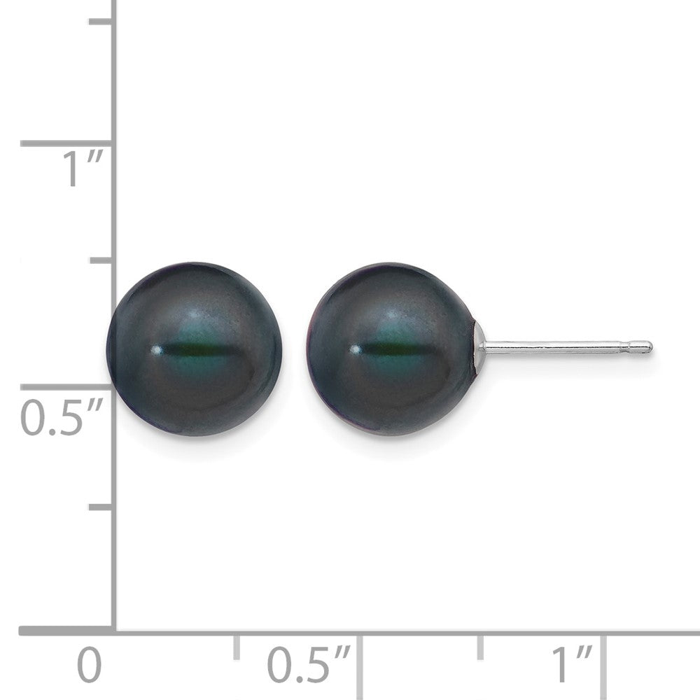 14k White Gold 9-10mm Black Round FW Cultured Pearl Stud Post Earrings