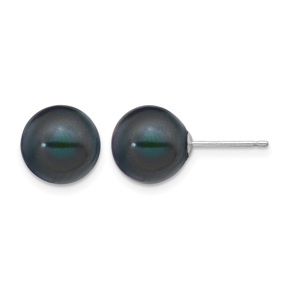 14k White Gold 9-10mm Black Round FW Cultured Pearl Stud Post Earrings