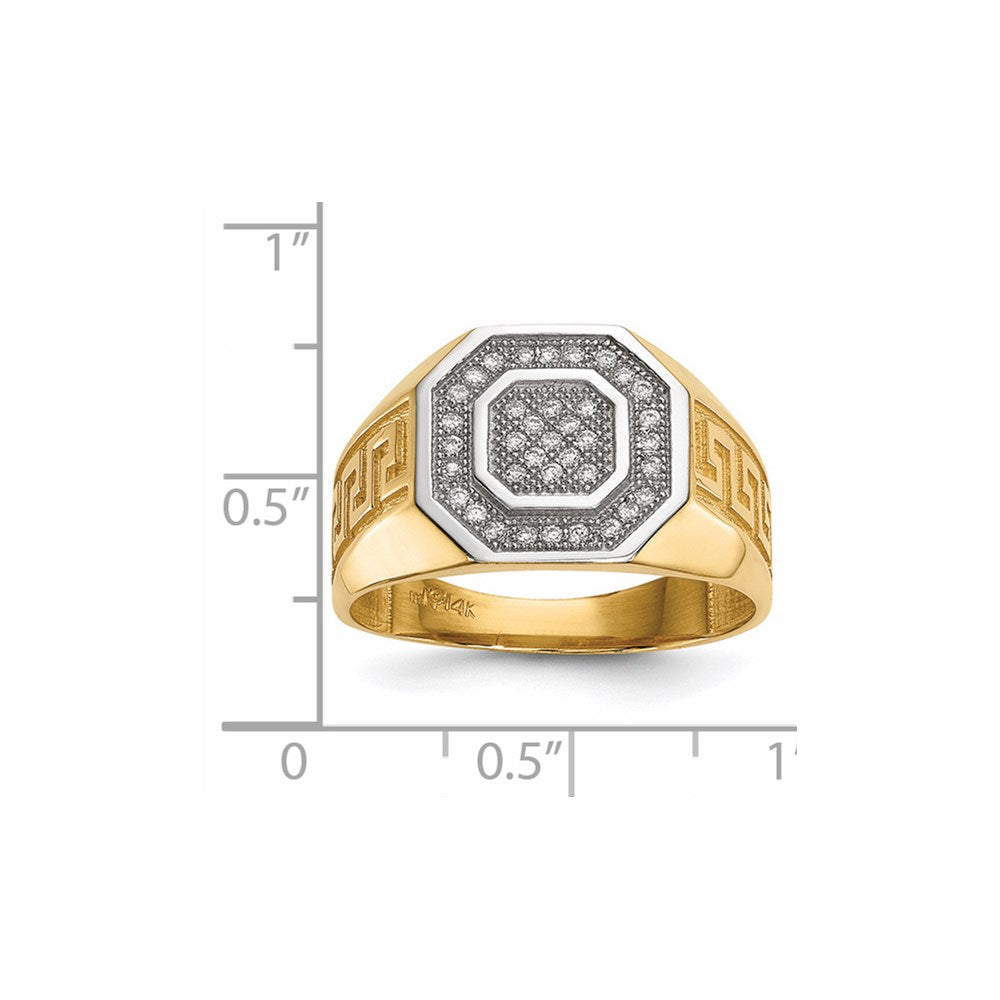 14kw/ Rhodium Mens Micro Pave CZ Octagon & Greek Key Ring