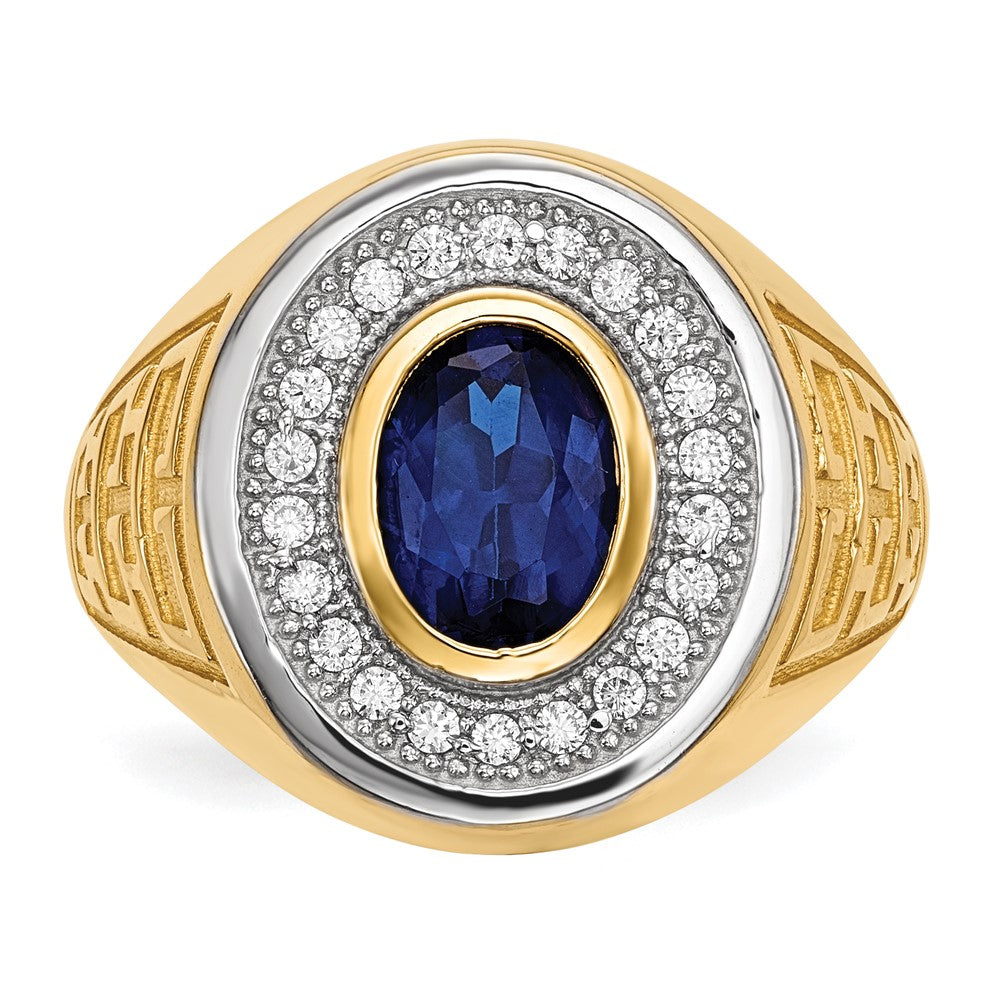 14k w/ Rhodium CZ & Oval Blue CZ Mens Ring