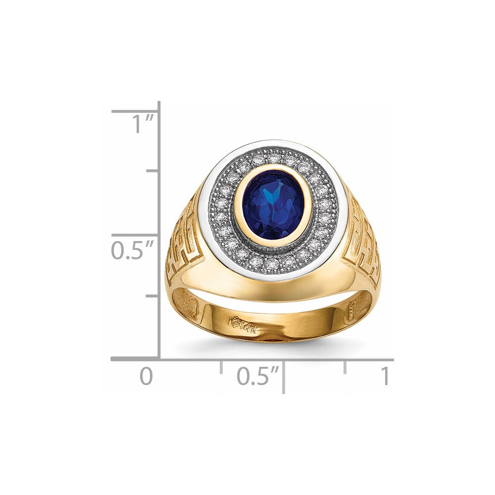 14k w/ Rhodium CZ & Oval Blue CZ Mens Ring